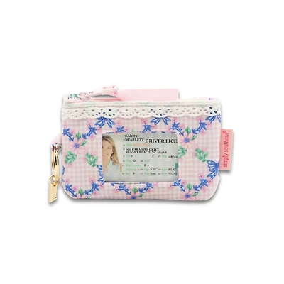Gingham Floral ID Wallet with Lace Trim