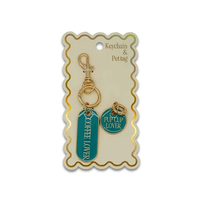 Matching Pup Cup and Coffee Lover Pet Tag and Keychain Set