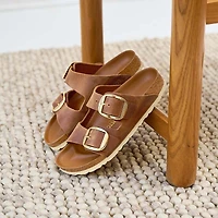 Women's Arizona Oiled Leather Big Buckle Sandals Cognac