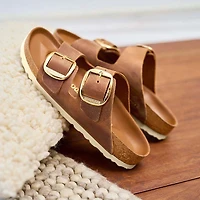 Women's Arizona Oiled Leather Big Buckle Sandals Cognac