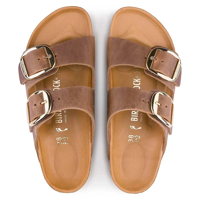 Women's Arizona Oiled Leather Big Buckle Sandals Cognac