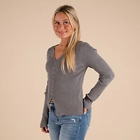 Ribbed V-neck Button Down Long Sleeve Sweater