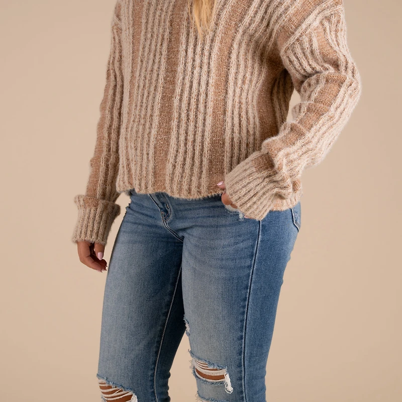 Fuzzy Vertical Stripe Crewneck Sweater