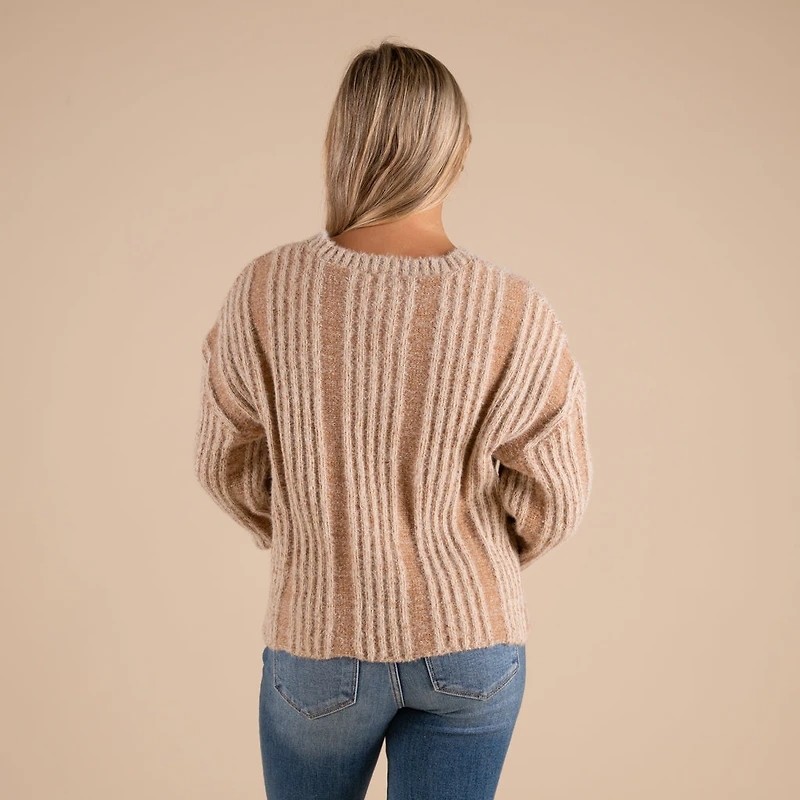 Fuzzy Vertical Stripe Crewneck Sweater