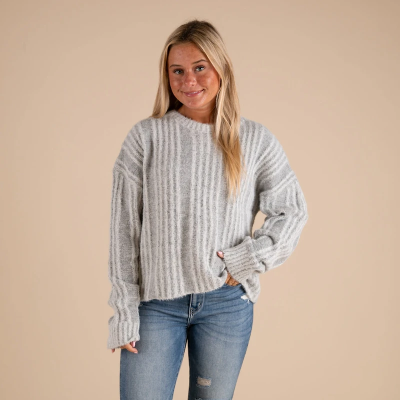 Fuzzy Vertical Stripe Crewneck Sweater