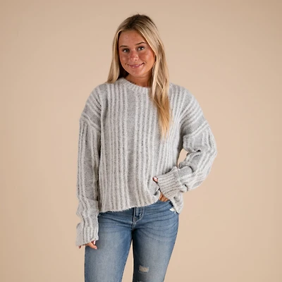 Fuzzy Vertical Stripe Crewneck Sweater