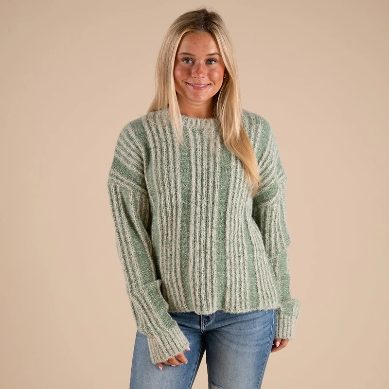 Fuzzy Vertical Stripe Crewneck Sweater