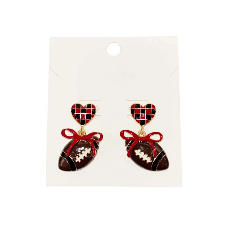 Garnet and Black Checkered Heart and Bow Football Earrings