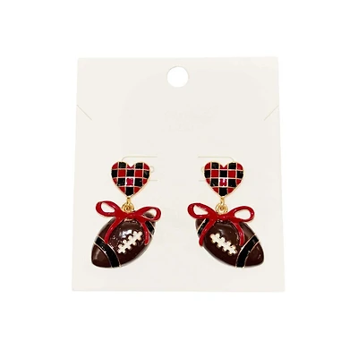 Garnet and Black Checkered Heart and Bow Football Earrings