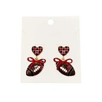Garnet and Black Checkered Heart and Bow Football Earrings