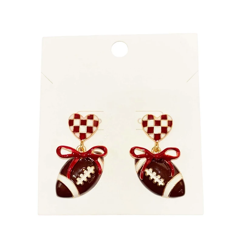 Crimson and White Checkered Heart and Bow Football Earrings