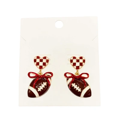 Crimson and White Checkered Heart and Bow Football Earrings