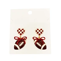 Crimson and White Checkered Heart and Bow Football Earrings