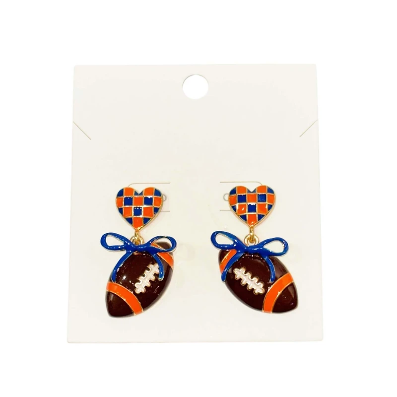Orange and Blue Checkered Heart and Bow Football Earrings