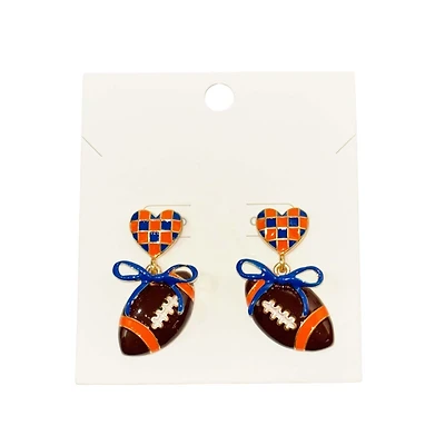 Orange and Blue Checkered Heart and Bow Football Earrings