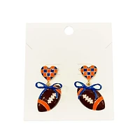 Orange and Blue Checkered Heart and Bow Football Earrings