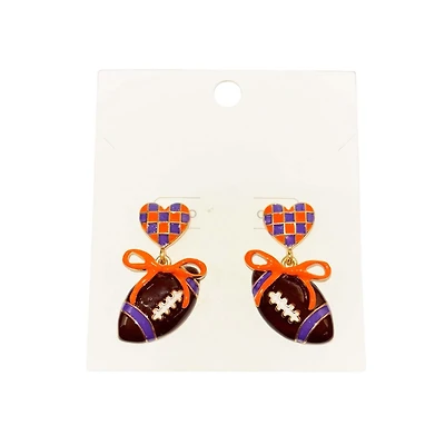 Orange and Purple Checkered Heart and Bow Football Earrings