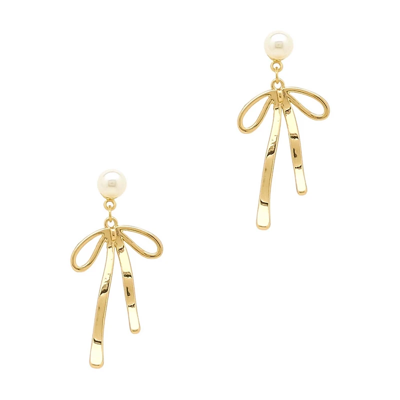 Pearl with Bows Gold Drop Earrings