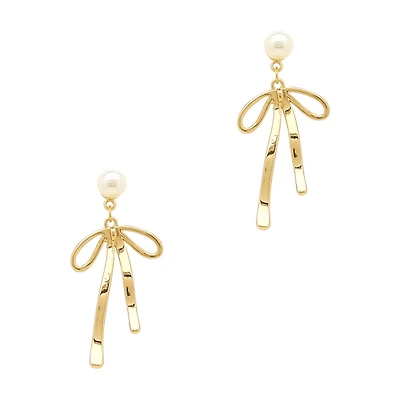 Pearl with Bows Gold Drop Earrings