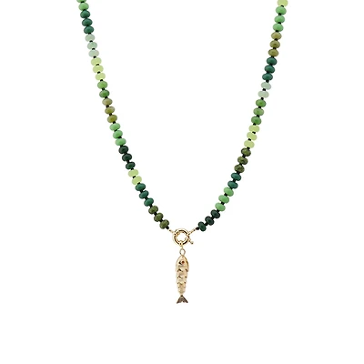 Green Stone and Fish Charm Necklace