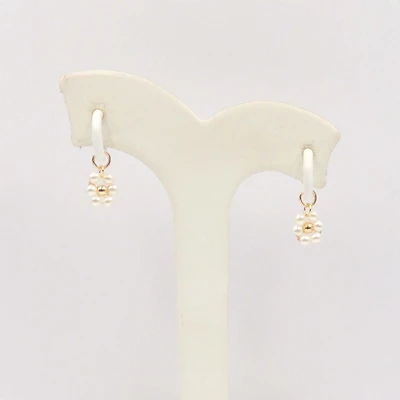 Pearl Daisy and White Enamel Hoop Earrings