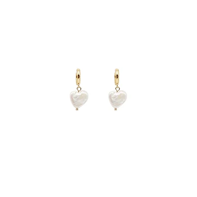 Heart Pearl Drop Gold Huggie Earrings