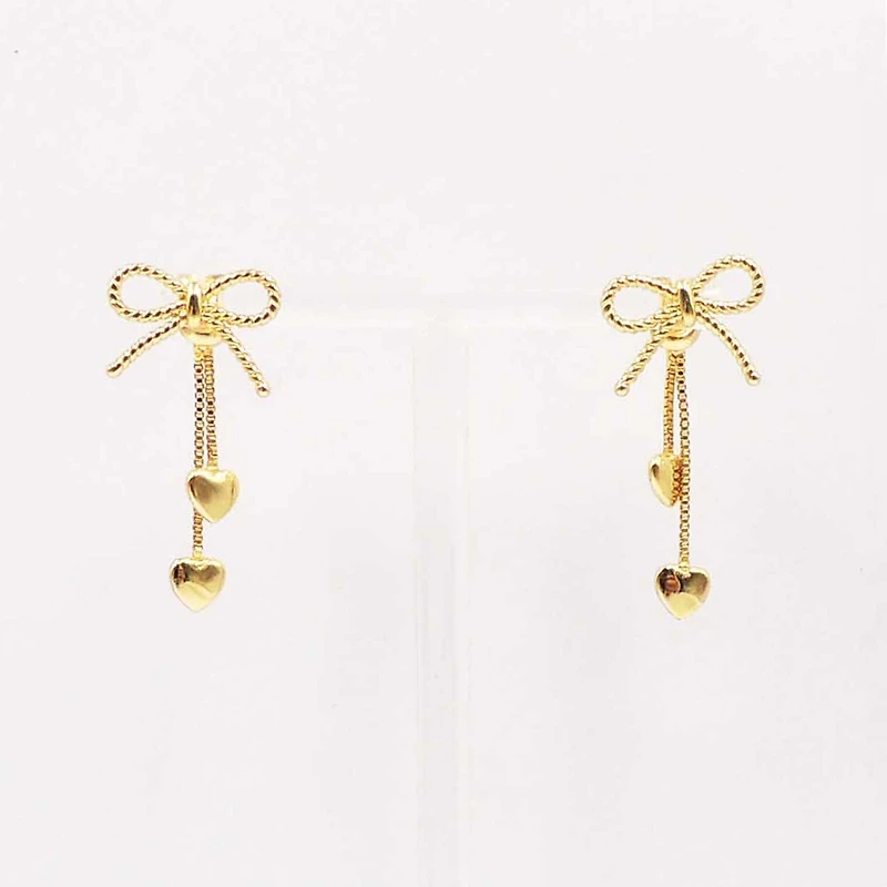 Gold Bow with Hearts Dangle Earrings