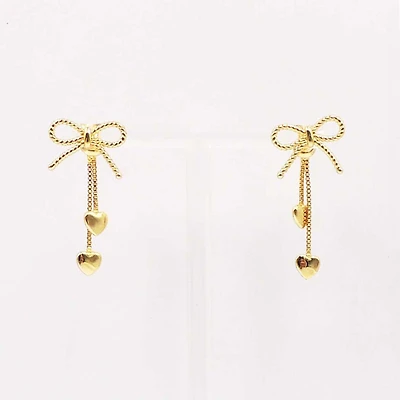 Gold Bow with Hearts Dangle Earrings