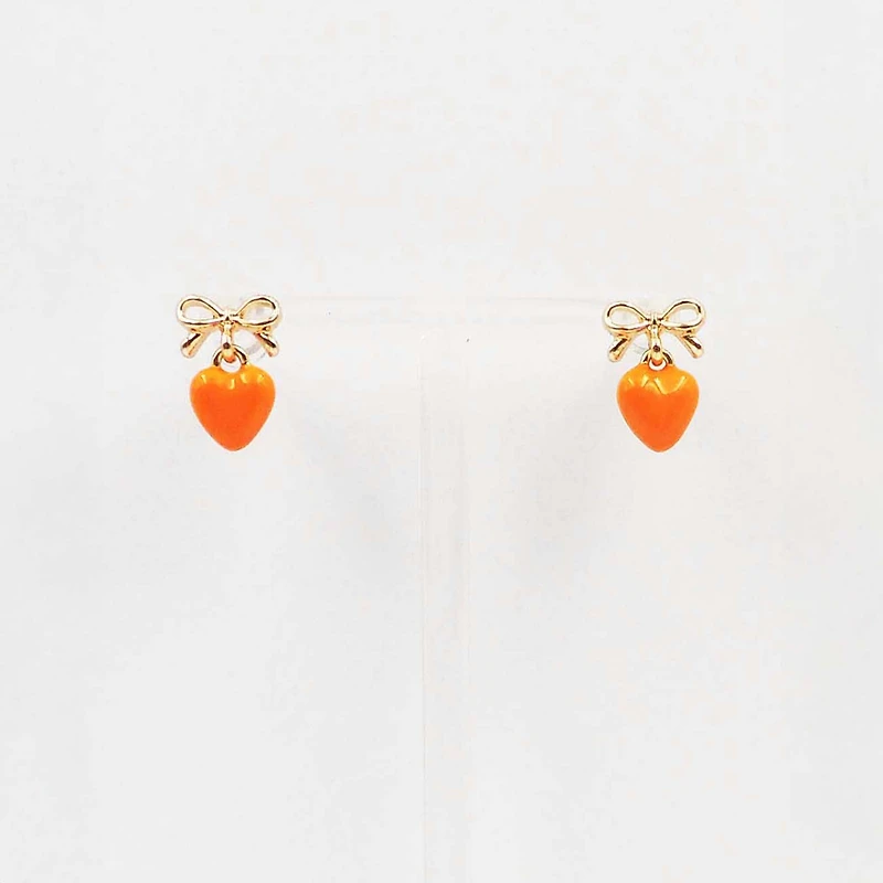 Bow and Heart Drop Earrings in Dark Orange