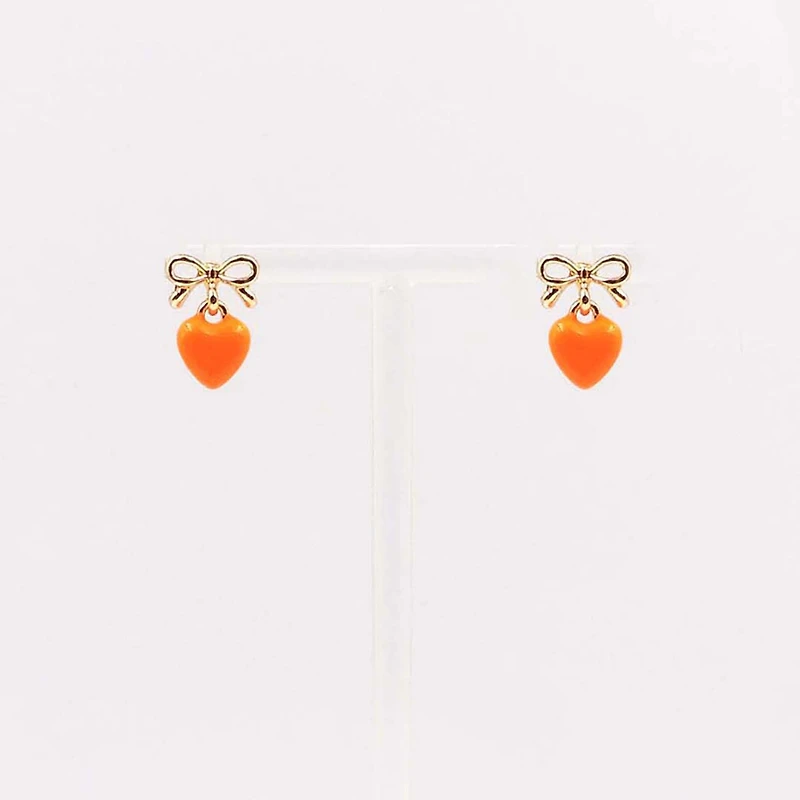 Bow and Heart Drop Earrings in Orange