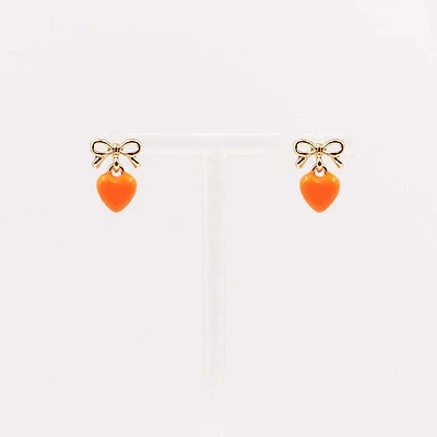Bow and Heart Drop Earrings in Orange