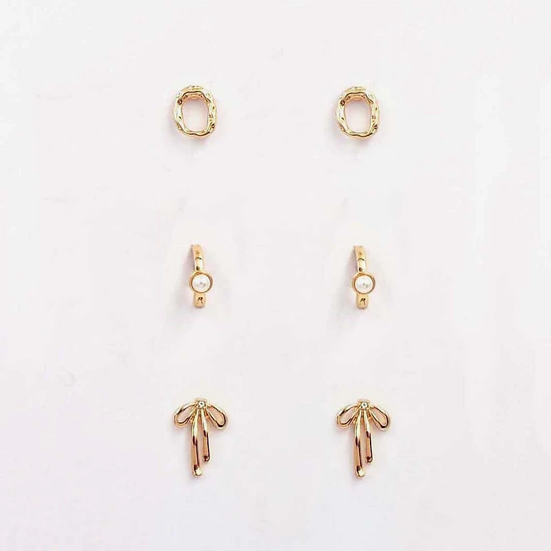 Pearl and Bow Gold Earring 3-Pack Set