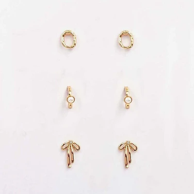 Pearl and Bow Gold Earring 3-Pack Set