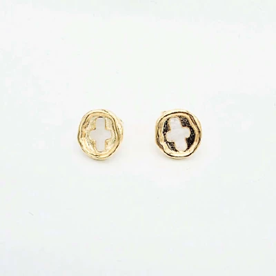 Round Gold Stud Earrings with Mop Cross