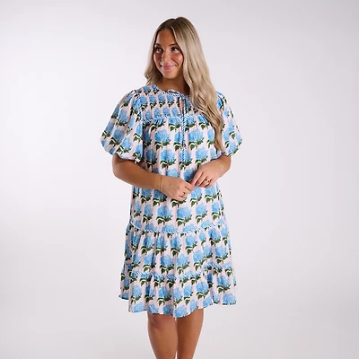 Hydrangea Printed Neck Tie Tiered Dress