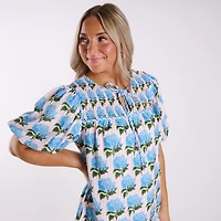 Hydrangea Printed Neck Tie Tiered Dress