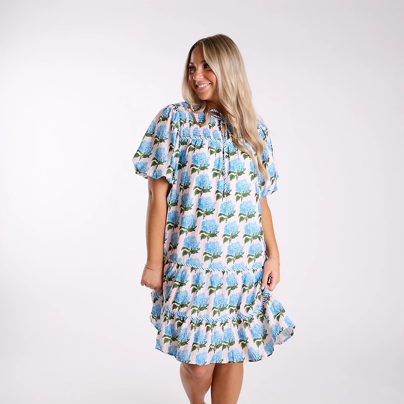 Hydrangea Printed Neck Tie Tiered Dress