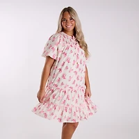 Rose Printed Neck Tie Tiered Dress