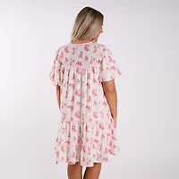 Rose Printed Neck Tie Tiered Dress