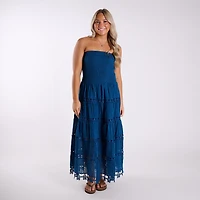 Shirred Schiffli Strapless Maxi Dress Ocean Blue