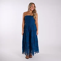 Shirred Schiffli Strapless Maxi Dress Ocean Blue