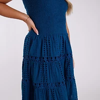 Shirred Schiffli Strapless Maxi Dress Ocean Blue
