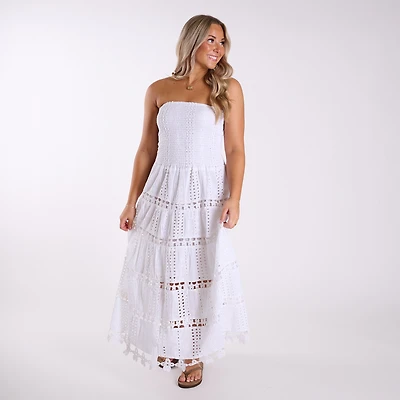 Shirred Schiffli Strapless Maxi Dress White