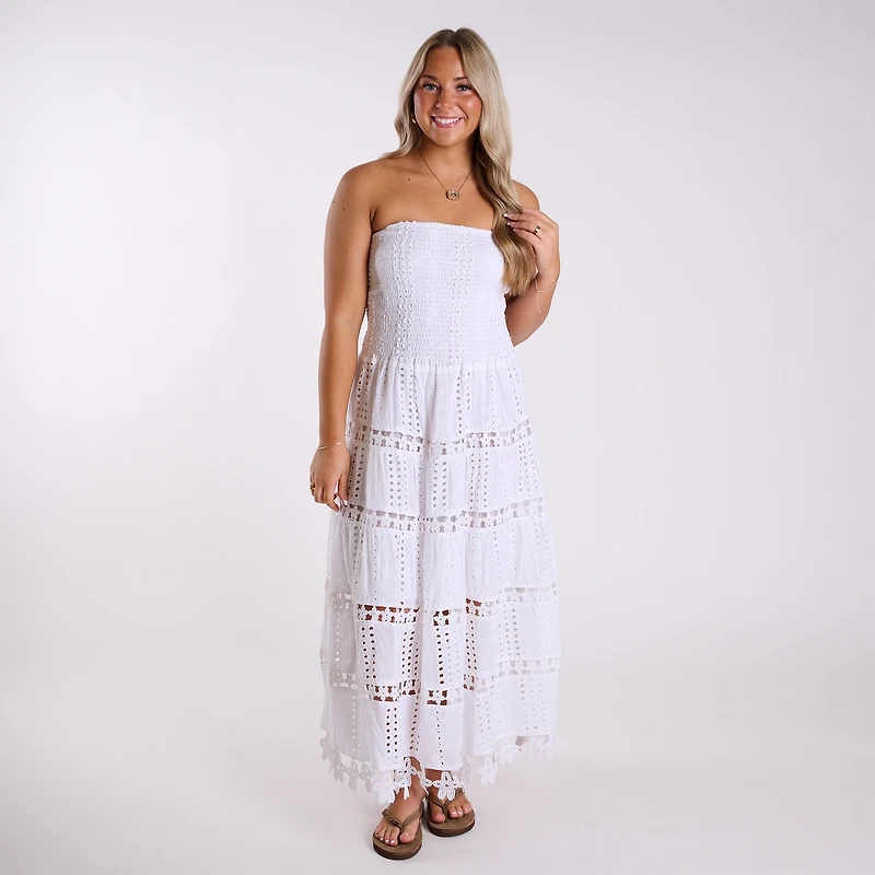 Shirred Schiffli Strapless Maxi Dress White