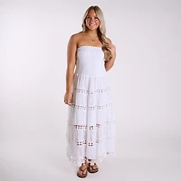 Shirred Schiffli Strapless Maxi Dress White