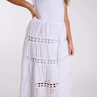 Shirred Schiffli Strapless Maxi Dress White