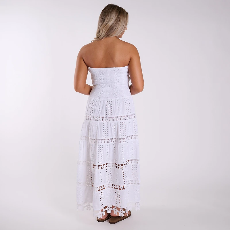 Shirred Schiffli Strapless Maxi Dress White