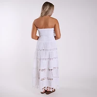 Shirred Schiffli Strapless Maxi Dress White