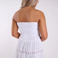 Shirred Schiffli Strapless Maxi Dress White