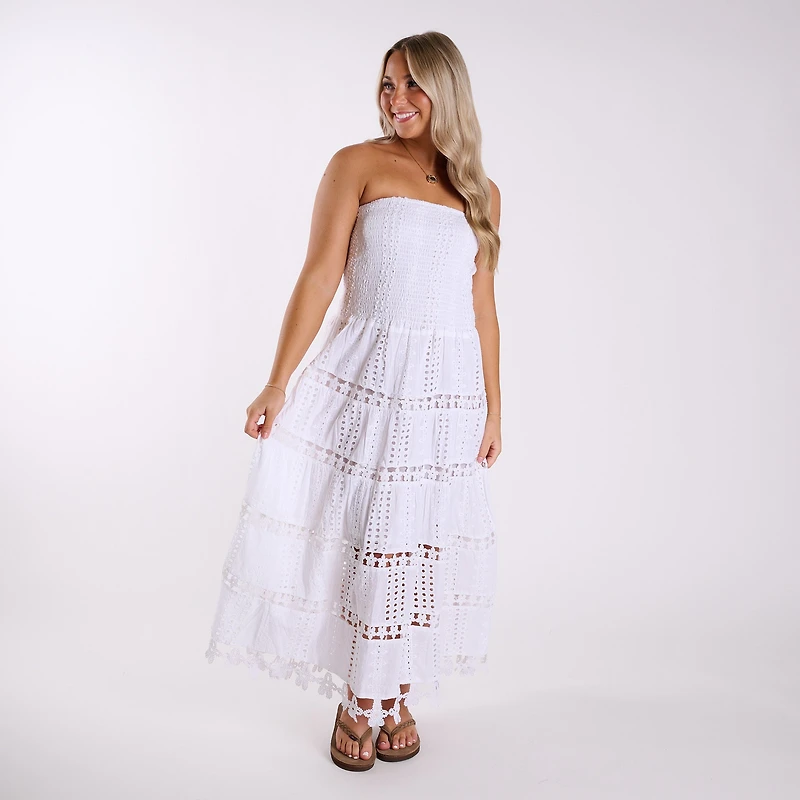 Shirred Schiffli Strapless Maxi Dress White